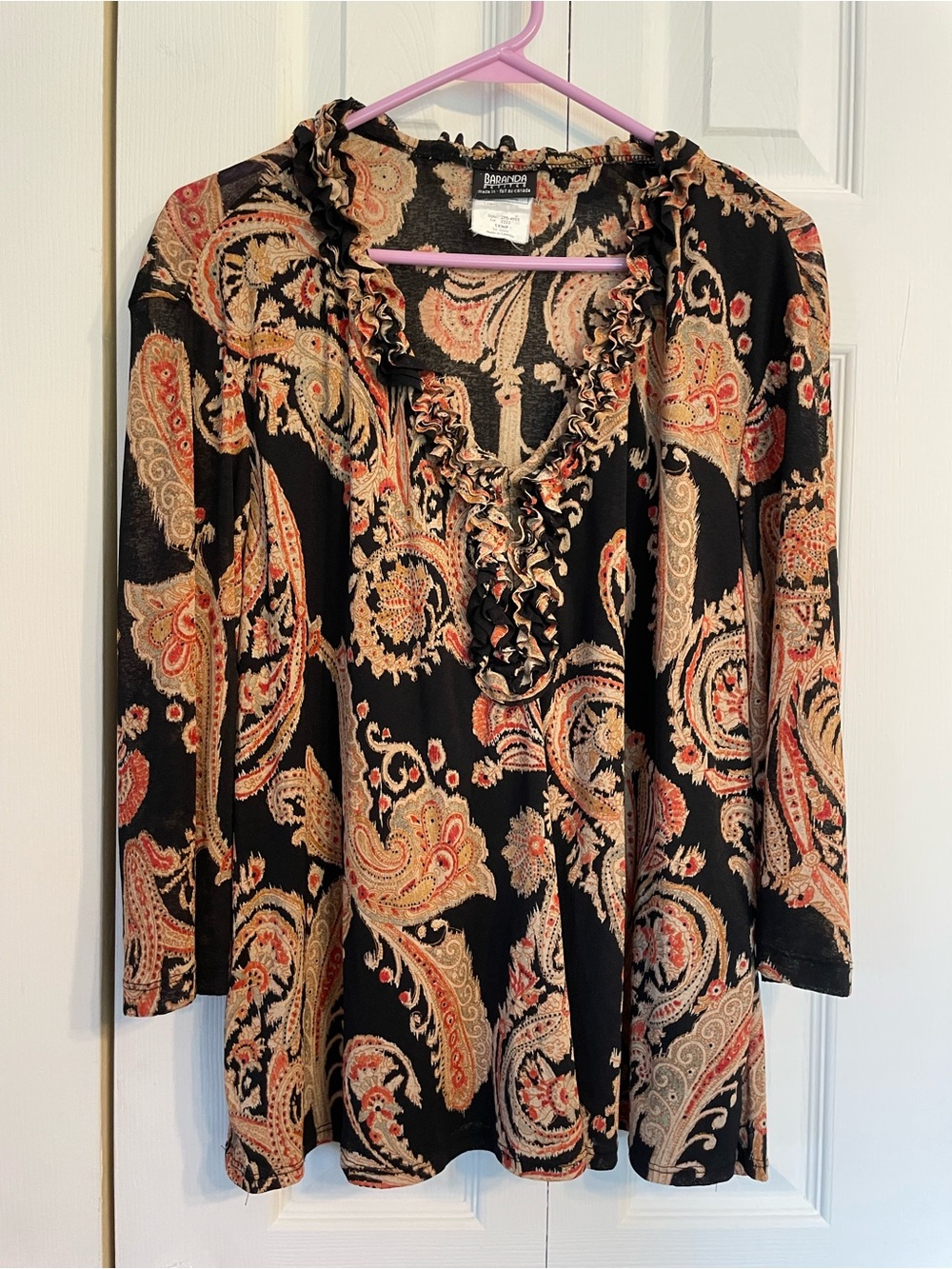 Baranda Black Paisley Ruffle V-Neck Tunic Top